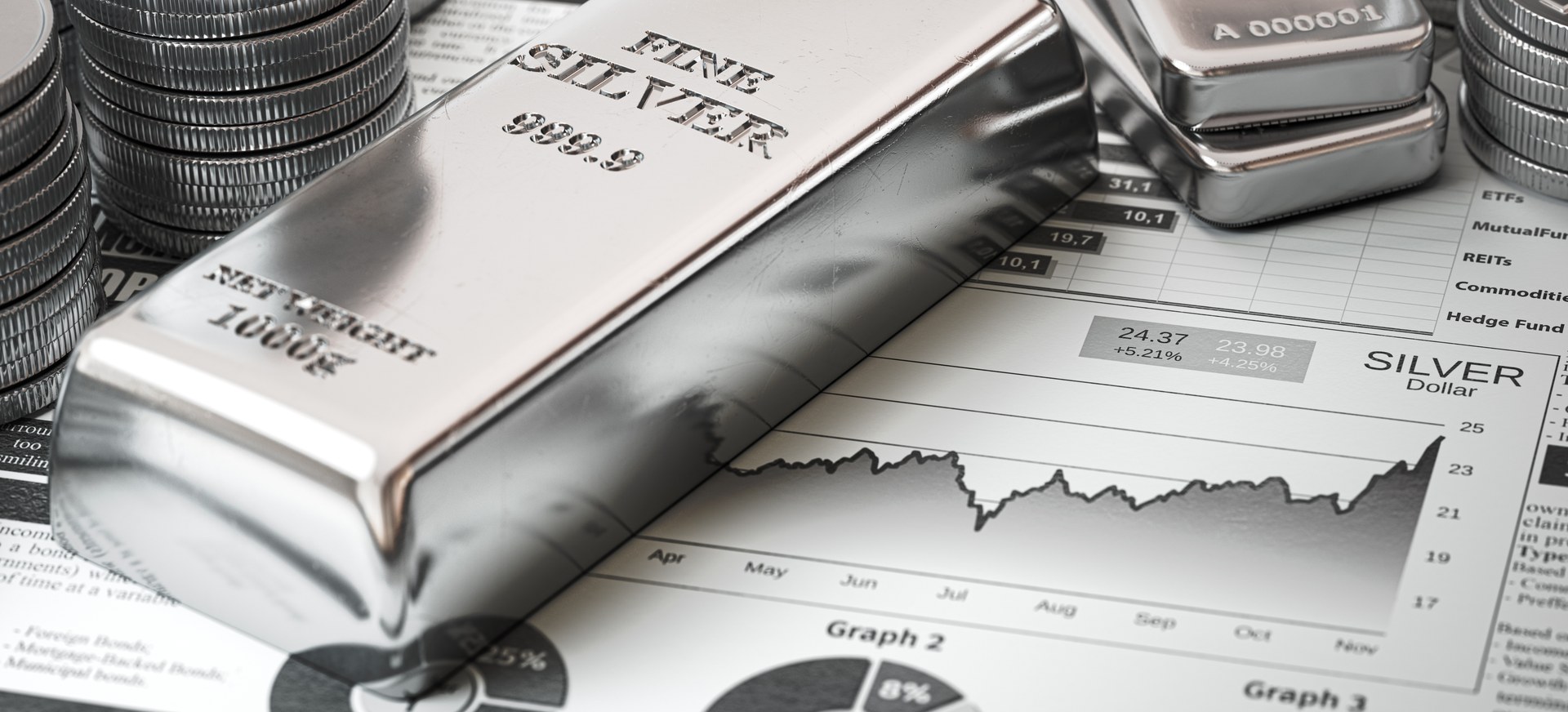 Baar fijn zilver 999,9 en zilveren munten op een financieel rapport, stijgende zilverkoers