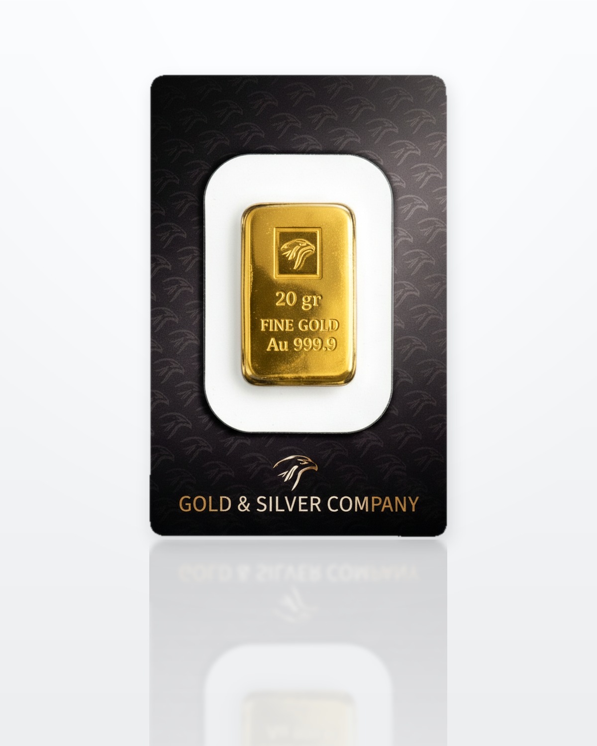 Goudbaar van 20 gram Gold & Silver Company verzegeld in blister, adelaarskop-keurstempel, FINE GOLD, Au 999,9