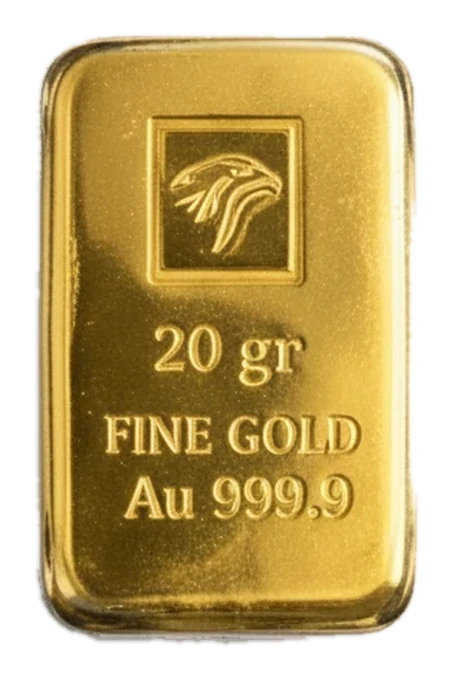 Goudbaar van 20 gram Gold & Silver Company, fijngoud Au 999,9, adelaarskop-keurstempel