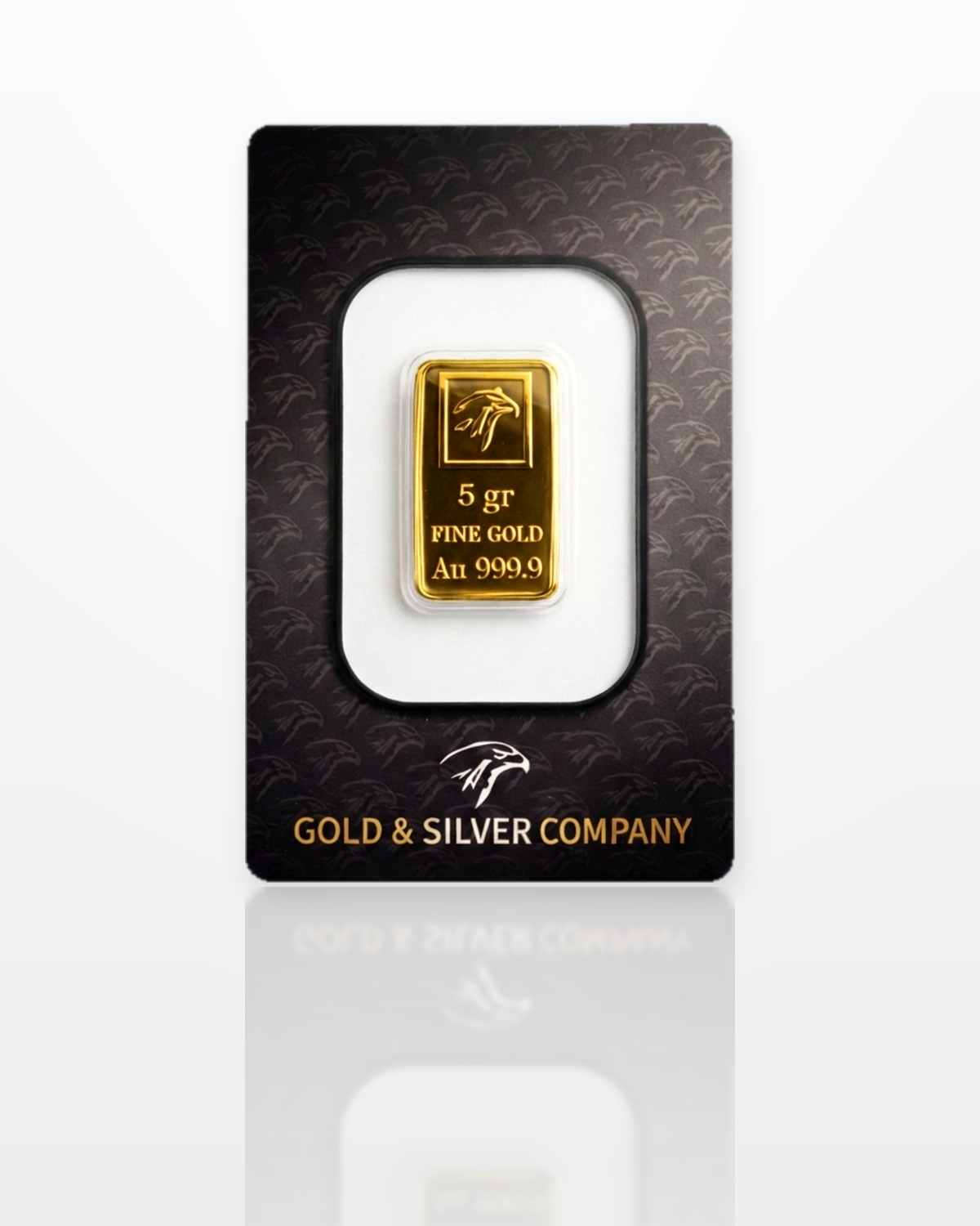 Goudbaar van 5 gram Gold & Silver Company, adelaarskop-keurstempel, FINE GOLD, Au 999,9
