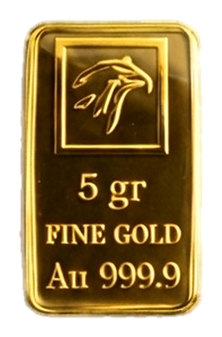 Goudbaar van 5 gram Gold & Silver Company, fijngoud Au 999,9, adelaarskop-keurstempel