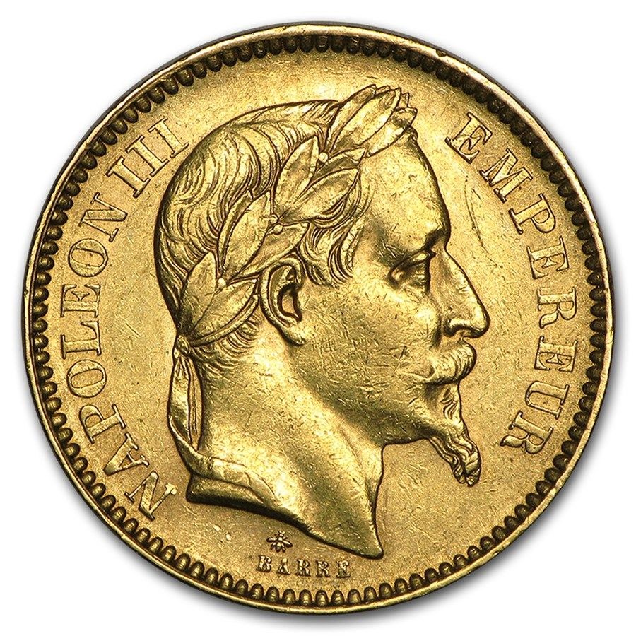 20 frank goudstuk Napoleon, beeltenis van Napoleon III met gelauwerd hoofd